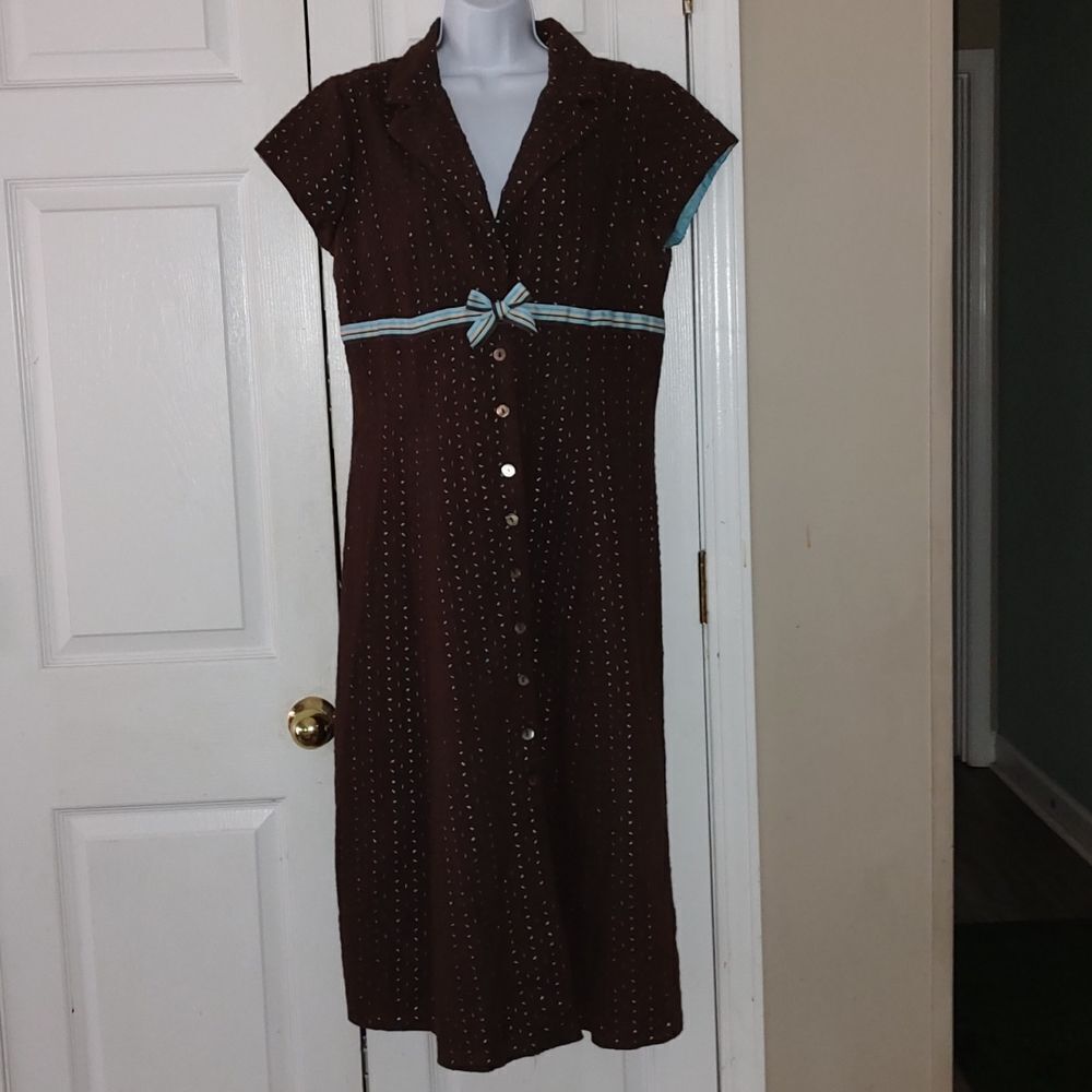 Gabriella Skye  brown button down eyelet dress with tuquoise lining  Sz 12